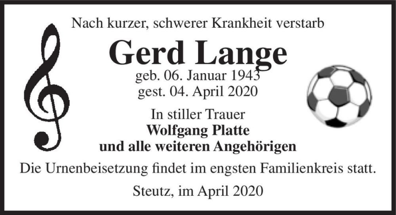  Traueranzeige für Gerd Lange  vom 18.04.2020 aus Magdeburger Volksstimme
