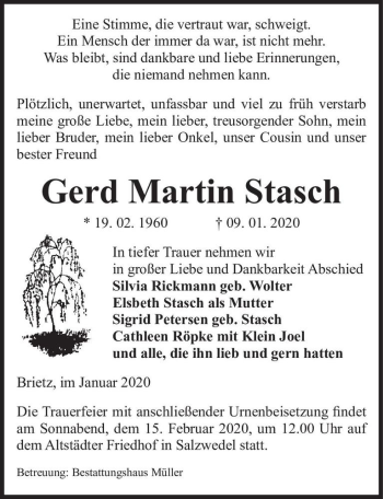 Traueranzeige von Gerd Martin Stasch  von Magdeburger Volksstimme
