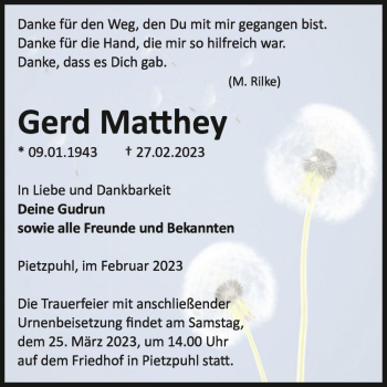 Traueranzeige von Gerd Matthey  von Magdeburger Volksstimme