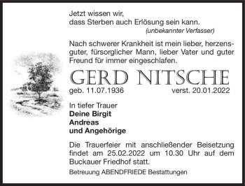 Traueranzeige von Gerd Nitsche  von Magdeburger Volksstimme