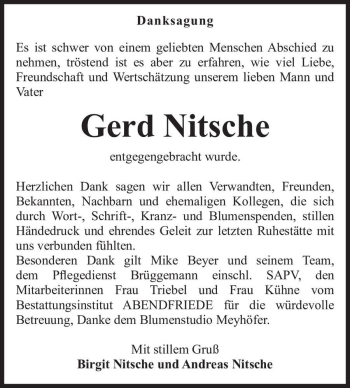 Traueranzeige von Gerd Nitsche  von Magdeburger Volksstimme