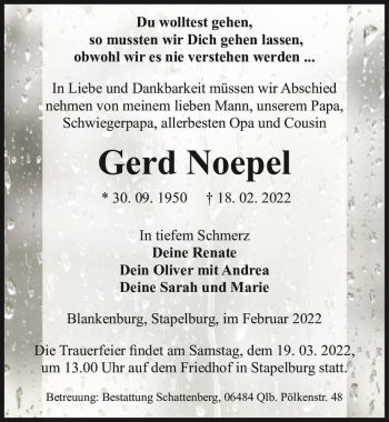 Traueranzeige von Gerd Noepel  von Magdeburger Volksstimme