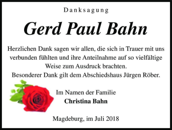 Traueranzeige von Gerd Paul Bahn  von Magdeburger Volksstimme