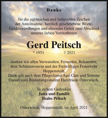 Traueranzeige von Gerd Peitsch  von Magdeburger Volksstimme