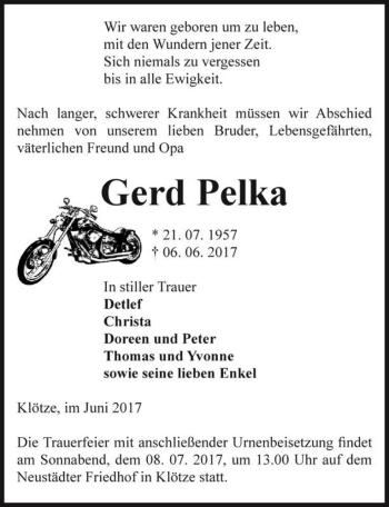 Traueranzeige von Gerd Pelka  von Magdeburger Volksstimme
