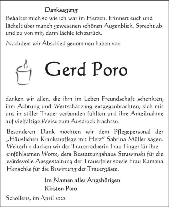 Traueranzeige von Gerd Poro  von Magdeburger Volksstimme