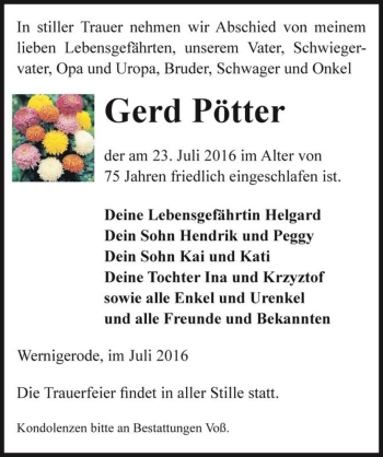 Traueranzeige von Gerd Pötter  von Magdeburger Volksstimme