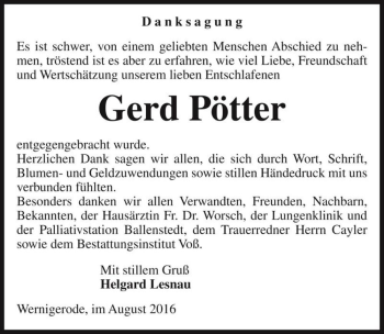 Traueranzeige von Gerd Pötter  von Magdeburger Volksstimme