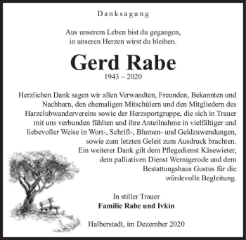Traueranzeige von Gerd Rabe  von Magdeburger Volksstimme