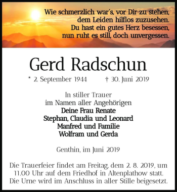 Traueranzeige von Gerd Radschun  von Magdeburger Volksstimme