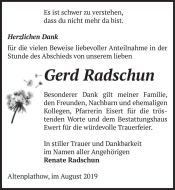 Traueranzeige von Gerd Radschun  von Magdeburger Volksstimme