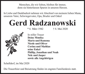 Traueranzeige von Gerd Radzanowski  von Magdeburger Volksstimme