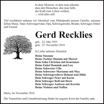 Traueranzeige von Gerd Recklies  von Magdeburger Volksstimme