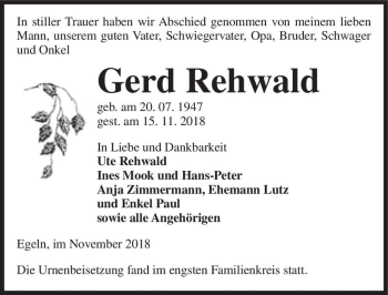 Traueranzeige von Gerd Rehwald  von Magdeburger Volksstimme
