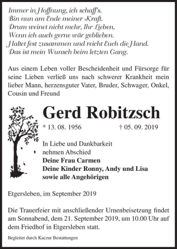 Traueranzeige von Gerd Robitzsch  von Magdeburger Volksstimme