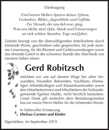 Traueranzeige von Gerd Robitzsch  von Magdeburger Volksstimme