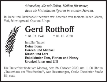Traueranzeige von Gerd Rotthoff  von Magdeburger Volksstimme