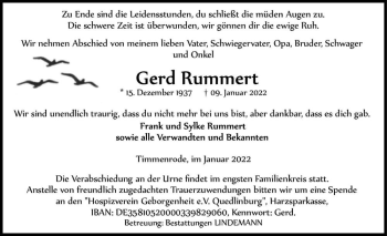 Traueranzeige von Gerd Rummert  von Magdeburger Volksstimme