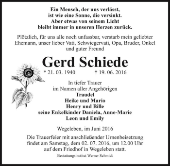 Traueranzeige von Gerd Schiede  von Magdeburger Volksstimme
