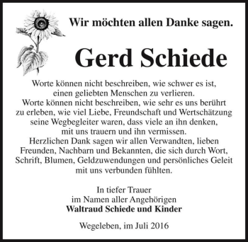 Traueranzeige von Gerd Schiede  von Magdeburger Volksstimme