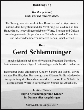 Traueranzeige von Gerd Schlemminger  von Magdeburger Volksstimme