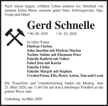 Traueranzeige von Gerd Schnelle  von Magdeburger Volksstimme