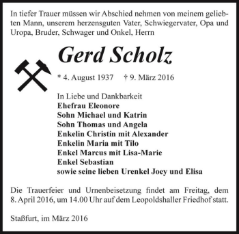Traueranzeige von Gerd Scholz  von Magdeburger Volksstimme