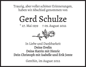 Traueranzeige von Gerd Schulze  von Magdeburger Volksstimme