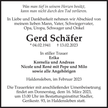 Traueranzeige von Gerd Schäfer  von Magdeburger Volksstimme