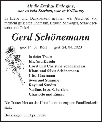 Traueranzeige von Gerd Schönemann  von Magdeburger Volksstimme