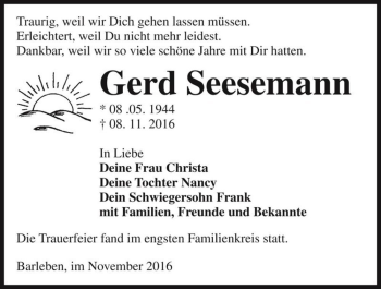 Traueranzeige von Gerd Seesemann  von Magdeburger Volksstimme