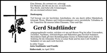Traueranzeige von Gerd Stadtländer  von Magdeburger Volksstimme