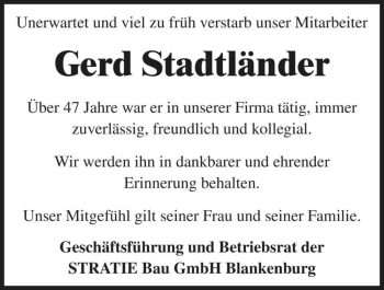 Traueranzeige von Gerd Stadtländer  von Magdeburger Volksstimme