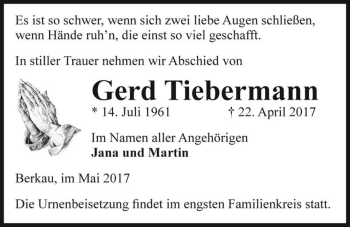 Traueranzeige von Gerd Tiebermann  von Magdeburger Volksstimme