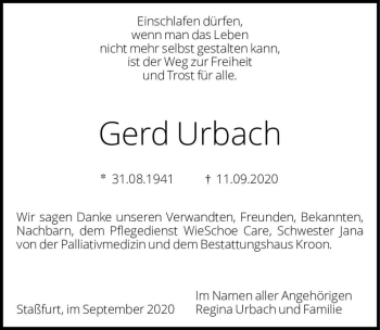 Traueranzeige von Gerd Urbach  von Magdeburger Volksstimme
