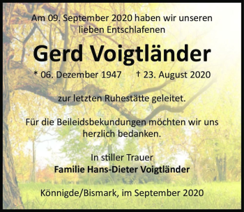 Traueranzeige von Gerd Voigtländer  von Magdeburger Volksstimme