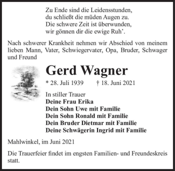 Traueranzeige von Gerd Wagner  von Magdeburger Volksstimme