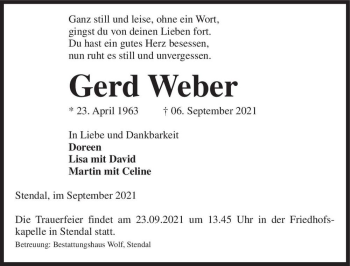 Traueranzeige von Gerd Weber  von Magdeburger Volksstimme