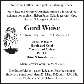 Traueranzeige von Gerd Weise  von Magdeburger Volksstimme