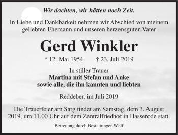 Traueranzeige von Gerd Winkler  von Magdeburger Volksstimme