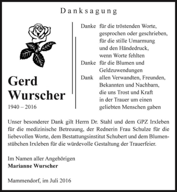 Traueranzeige von Gerd Wurscher  von Magdeburger Volksstimme