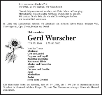 Traueranzeige von Gerd Wurscher  von Magdeburger Volksstimme