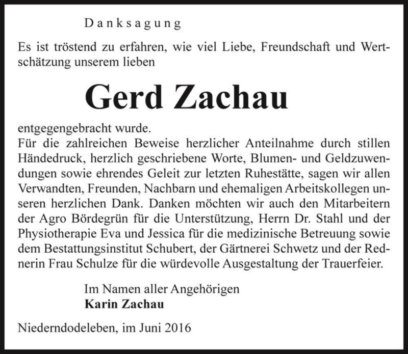  Traueranzeige für Gerd Zachau  vom 25.06.2016 aus Magdeburger Volksstimme