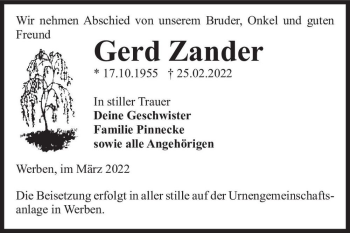 Traueranzeige von Gerd Zander  von Magdeburger Volksstimme
