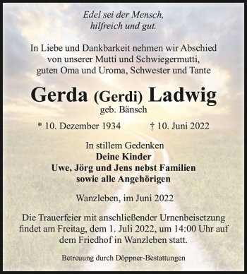 Traueranzeige von Gerda (Gerdi) Ladwig (geb. Bänsch)  von Magdeburger Volksstimme