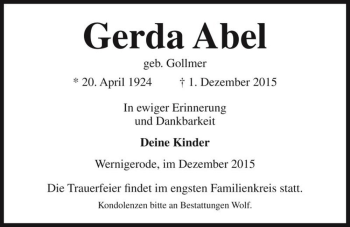 Traueranzeige von Gerda Abel (geb. Gollmer)  von Magdeburger Volksstimme