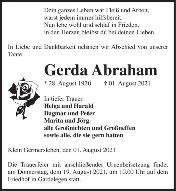 Traueranzeige von Gerda Abraham  von Magdeburger Volksstimme