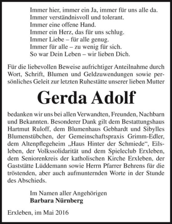 Traueranzeige von Gerda Adolf  von Magdeburger Volksstimme