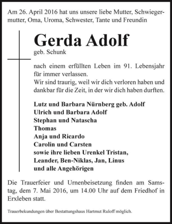 Traueranzeige von Gerda Adolf (geb. Schunk)  von Magdeburger Volksstimme