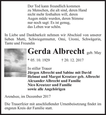 Traueranzeige von Gerda Albrecht (geb. May)  von Magdeburger Volksstimme
